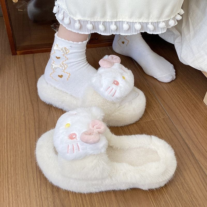 Versatile fuzzy slippers for women, thick-soled outdoor wear, new autumn/winter styles, trending online, platform sole, height-increasing, criss-cross cotton slippers