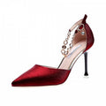 Red bottom high heels sexy silks and satins one-piece buckle pointed toe rhinestone red 2025 spring stiletto dress women's flats