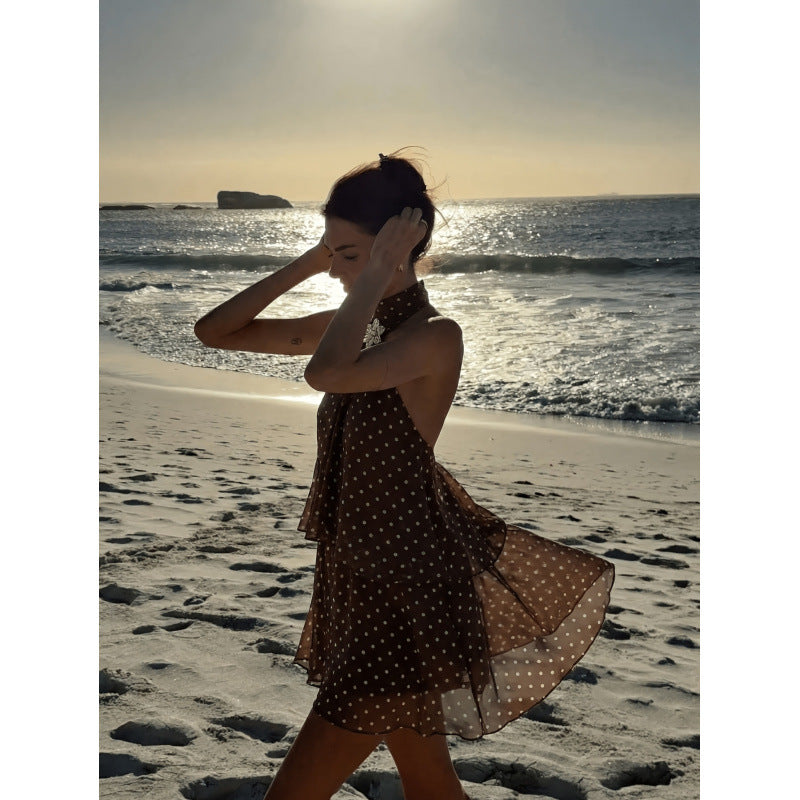code  independent station  holiday polka dot printing backless haltershortdress