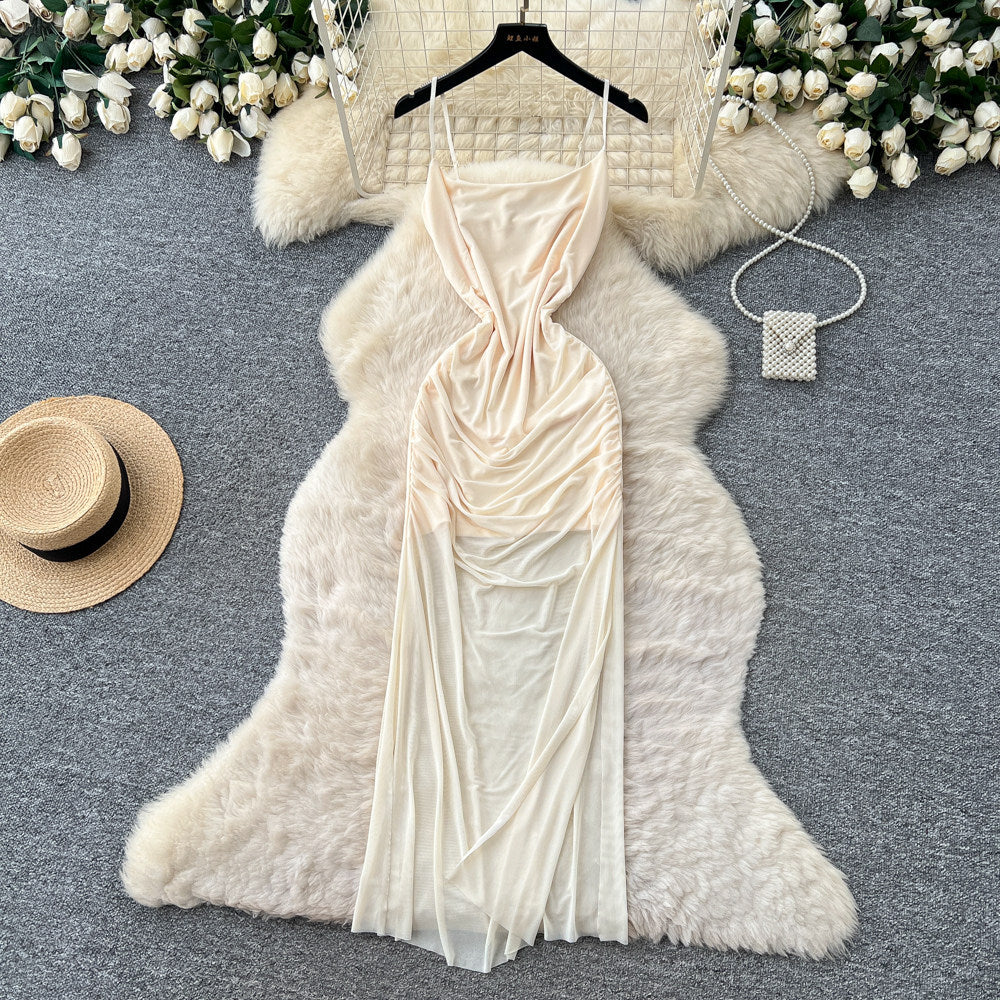 Accessible luxury red suspender mesh breathable dress female k-style sleeveless waist slimming look long skirt classy sense of commuting
