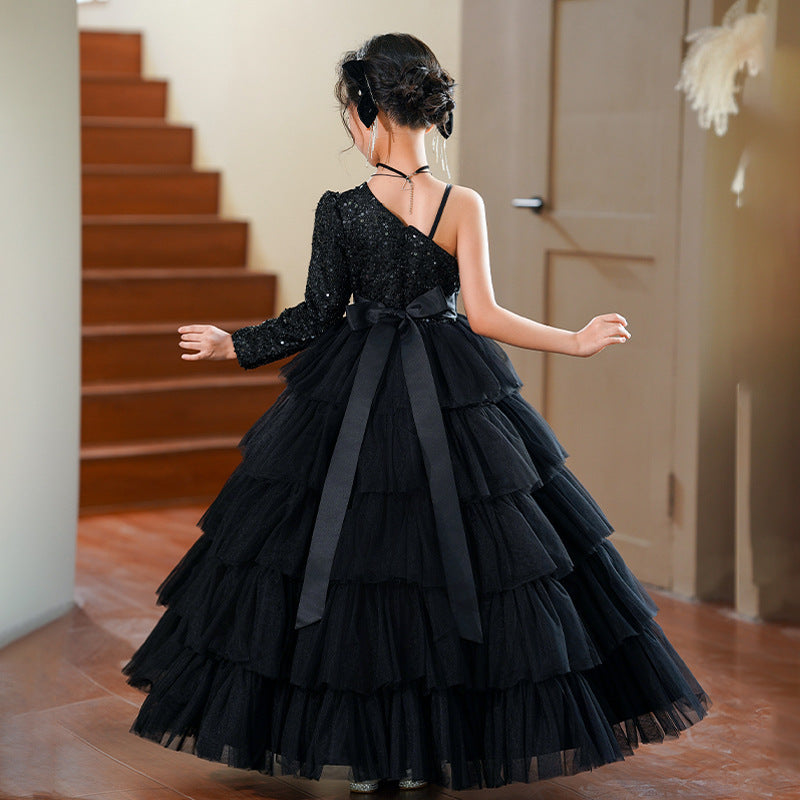 Girls' formal dresses princess gowns high-end little host runway fashion european and american black performance costumes light luxury hepburn style dresses for girls