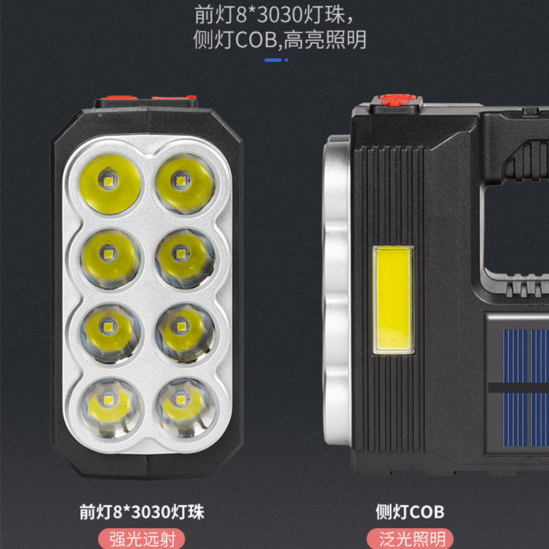 Cross-border new 8-lamp portable searchlight USB charging outdoor with side light solar charging LED flashlight