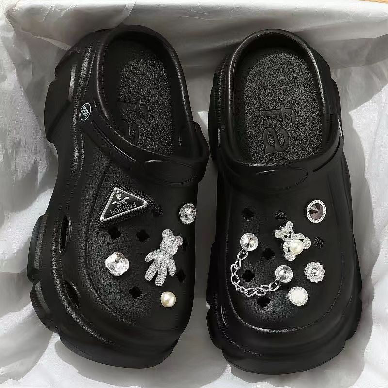 Women's summer outdoor slippers: stylish platform clogs with height boost, cute cartoon bear design, and beach-friendly closed-toe sandals with rhinestone accents