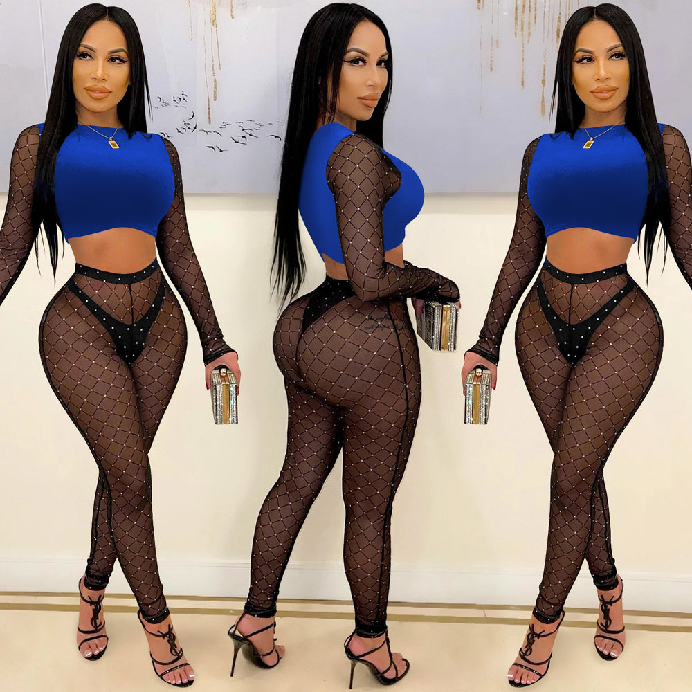 X5561 european and american fashion new women's sexy color block long sleeve cropped top and mesh rhinestone pants two-piece set