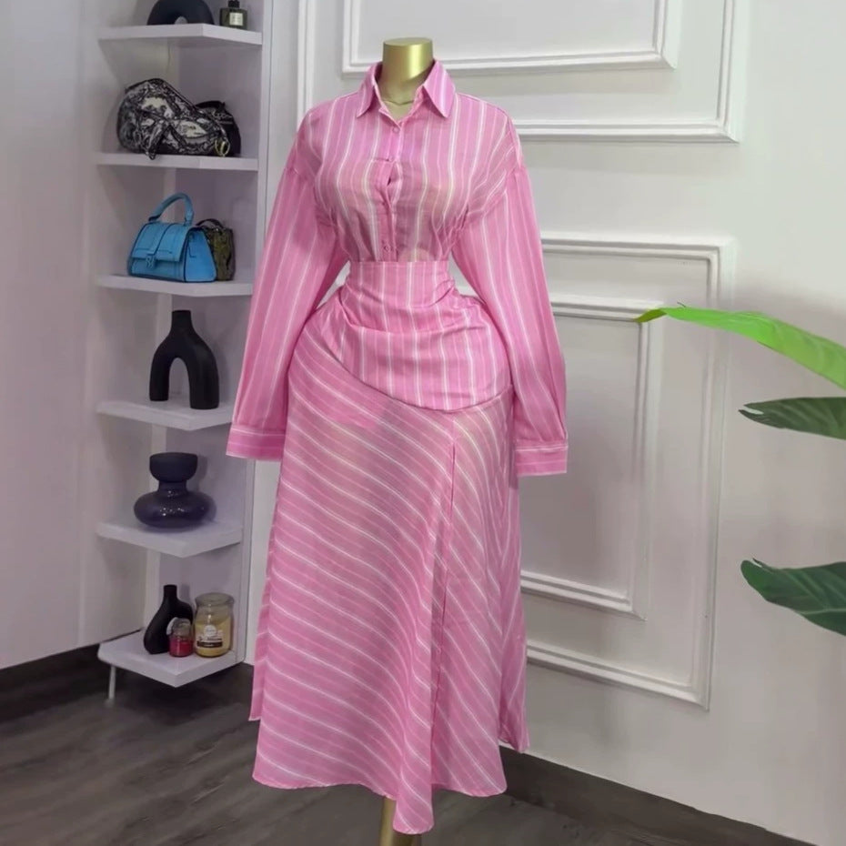 European and american cross-border women's fashion:  summer new collection - stylish striped slim-fit long sleeve blouse and high-waisted midi skirt set