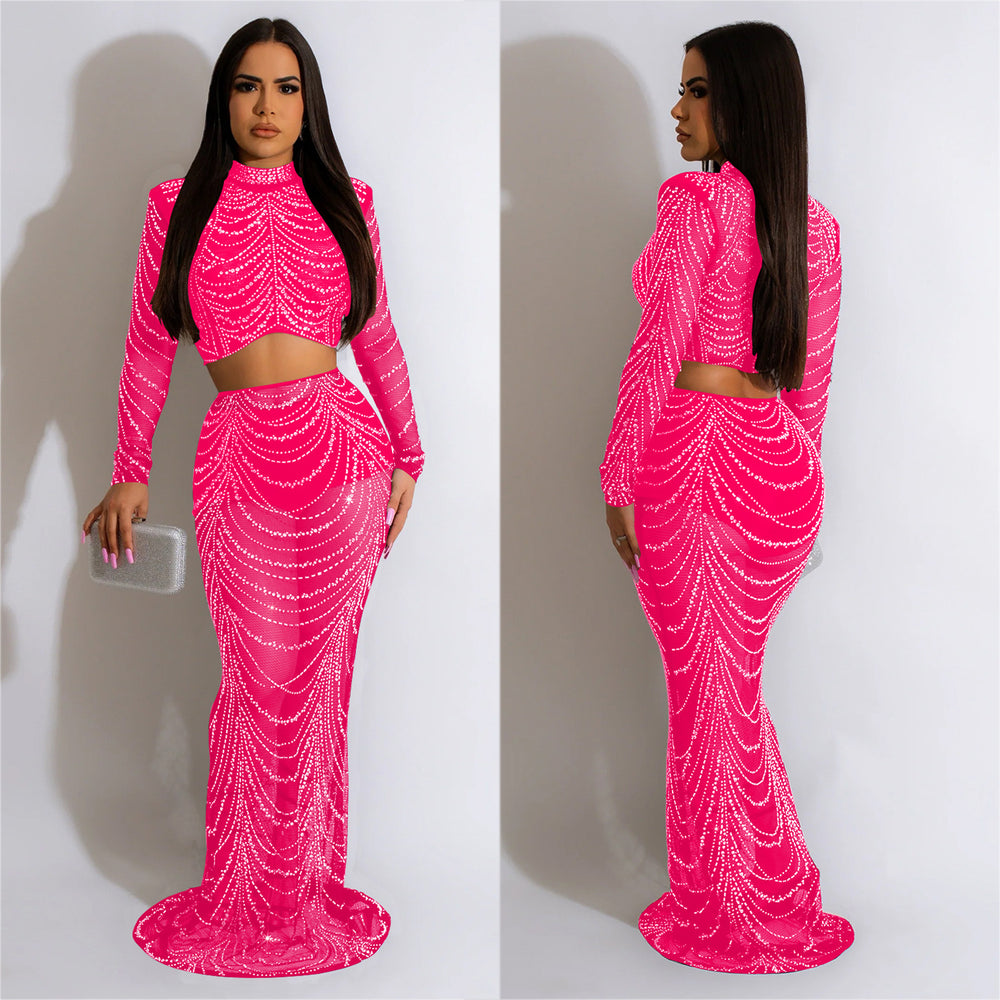 C6318 cross-border   fashion women's solid color mesh rhinestone long sleeve maxi dress two-piece set