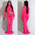 C6318 cross-border   fashion women's solid color mesh rhinestone long sleeve maxi dress two-piece set
