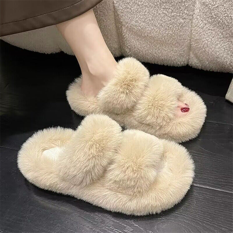 Furry slippers for women outwear 2023new arrivalk-style ins trendy shoes fall and winter home cotton slippers double strap one-line slippers