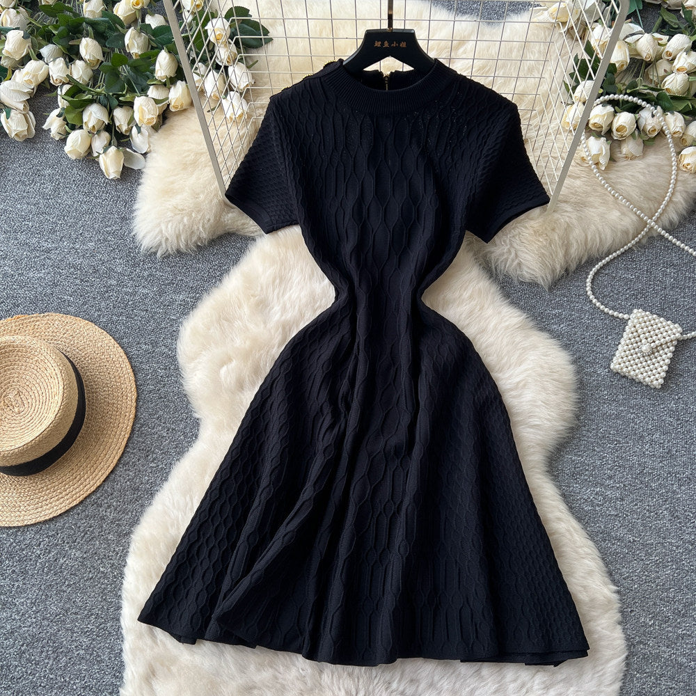 Korean style red knitted high-end dress - women's summer short sleeve high-waisted a-line dress - commute-friendly, slimming, and exudes sophistication
