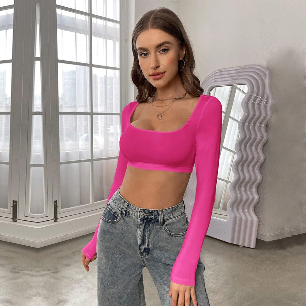 fall/winter new arrival: cross-border european & american style activewear cropped knit high-stretch long sleeve t-shirt top