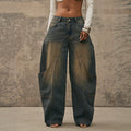 Fashionjeans women's retro distressed patchwork scimitar loose pants high street large flap pocket pants washed looseworkwearpants