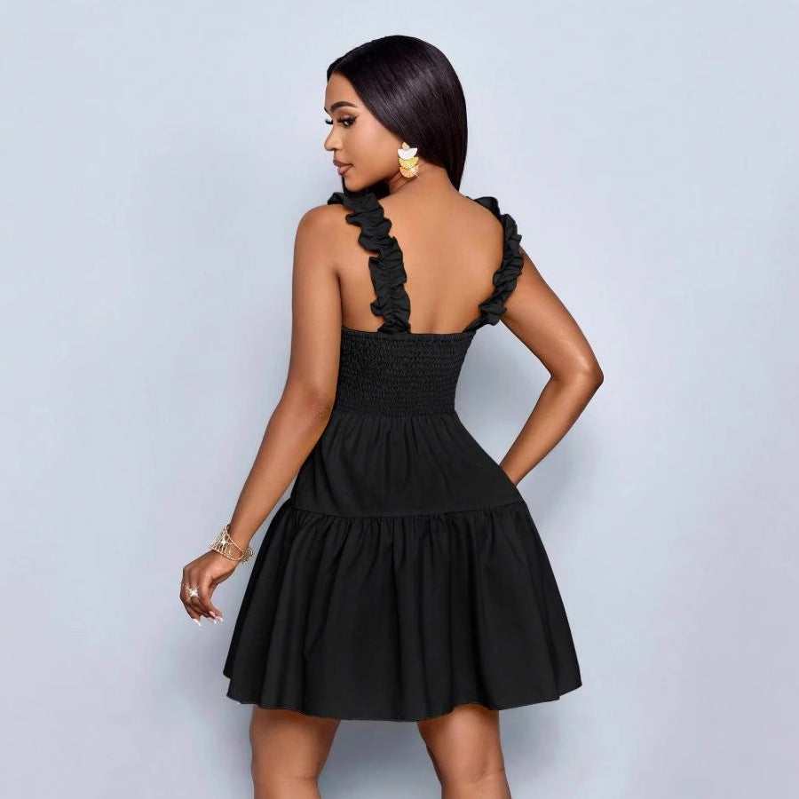 European and american cross-border   summer new arrival: elegant v-neck, designer elastic waist, solid color slip dress