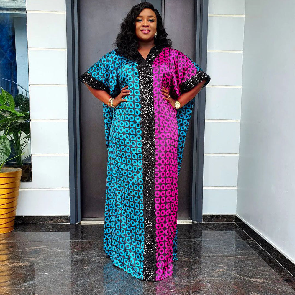 e-commerce  independent station african plus size women's clothing velvet sequined dress patchwork printed robe