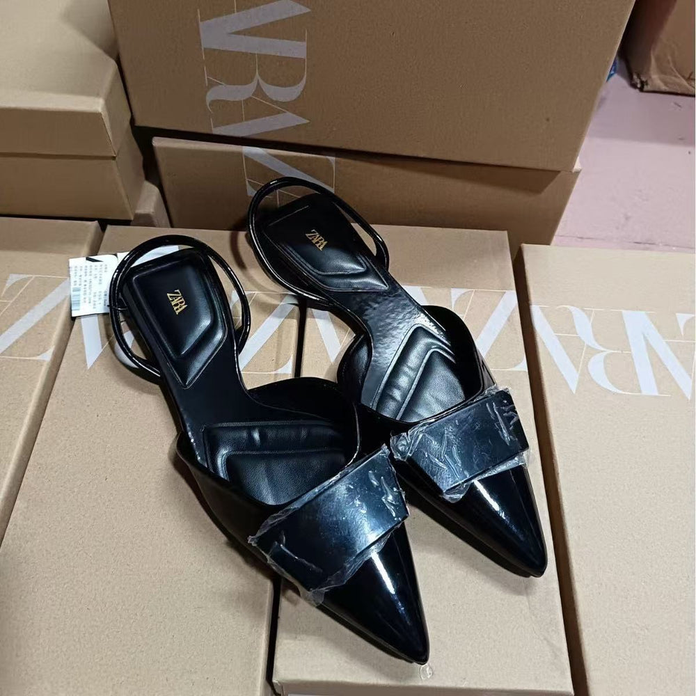 Za2024autum new pointed toe women's shoes fashion patent leather whiteflats square buckle headgear back strap sandals women