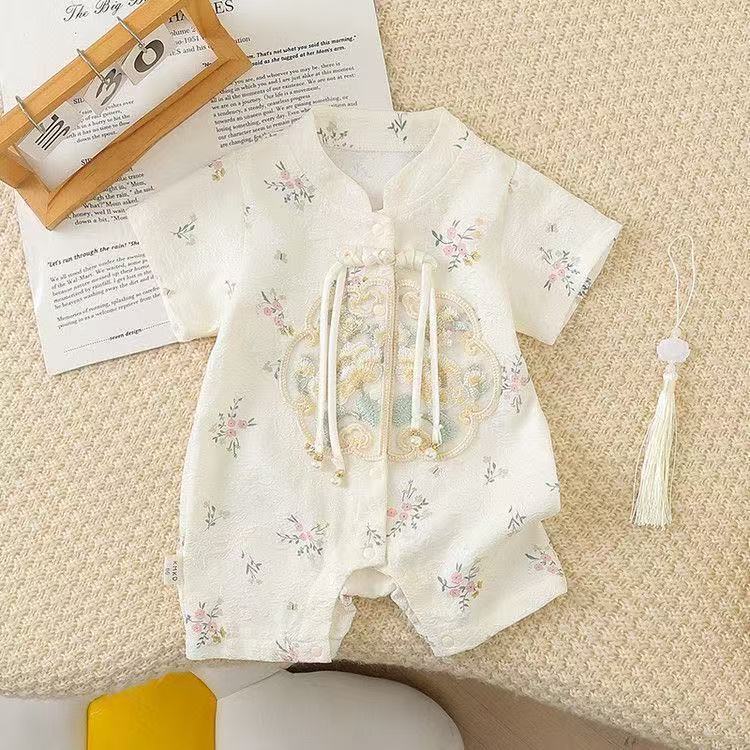 Infant chinese style romper - summer lightweight hanfu style - perfect for full month, first birthday, and baby shower - trendy bodysuit/rouge
