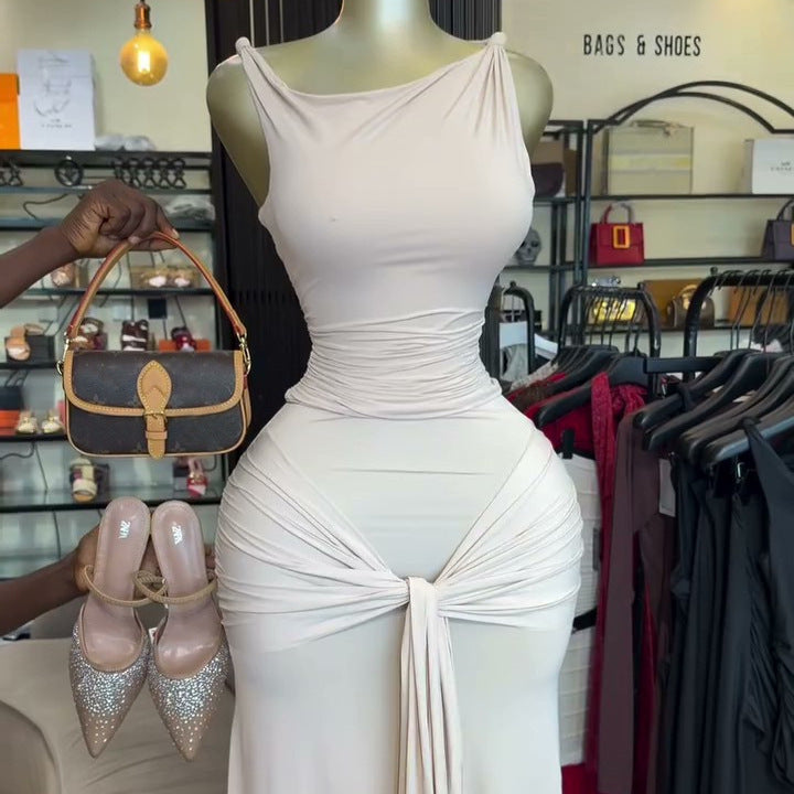 European and american cross-border women's fashion  summer new arrival: elegant asymmetrical neck slim-fit sleeveless top with tie-waist midi skirt set
