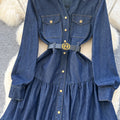 High-end elegant women's dress -  autumn new arrival: chic and graceful notch collar, single-breasted button closure, cinched waist denim midi dress