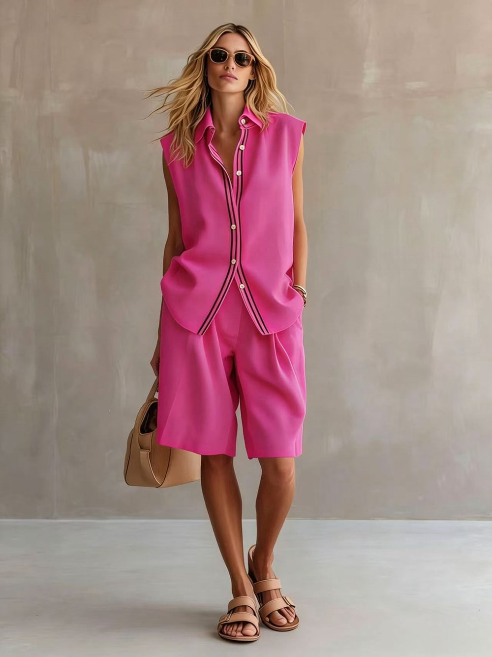european and american cross-border summer casual fashion women's single-breasted sleeveless linen blazer and pants set
