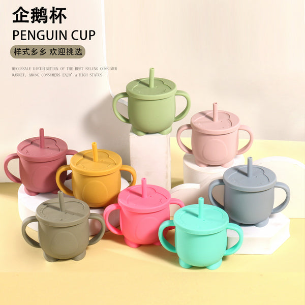 Factory baby silicone binaural straw cup drop resistant high temperature resistant baby drinking cup penguin water cup feeding tableware