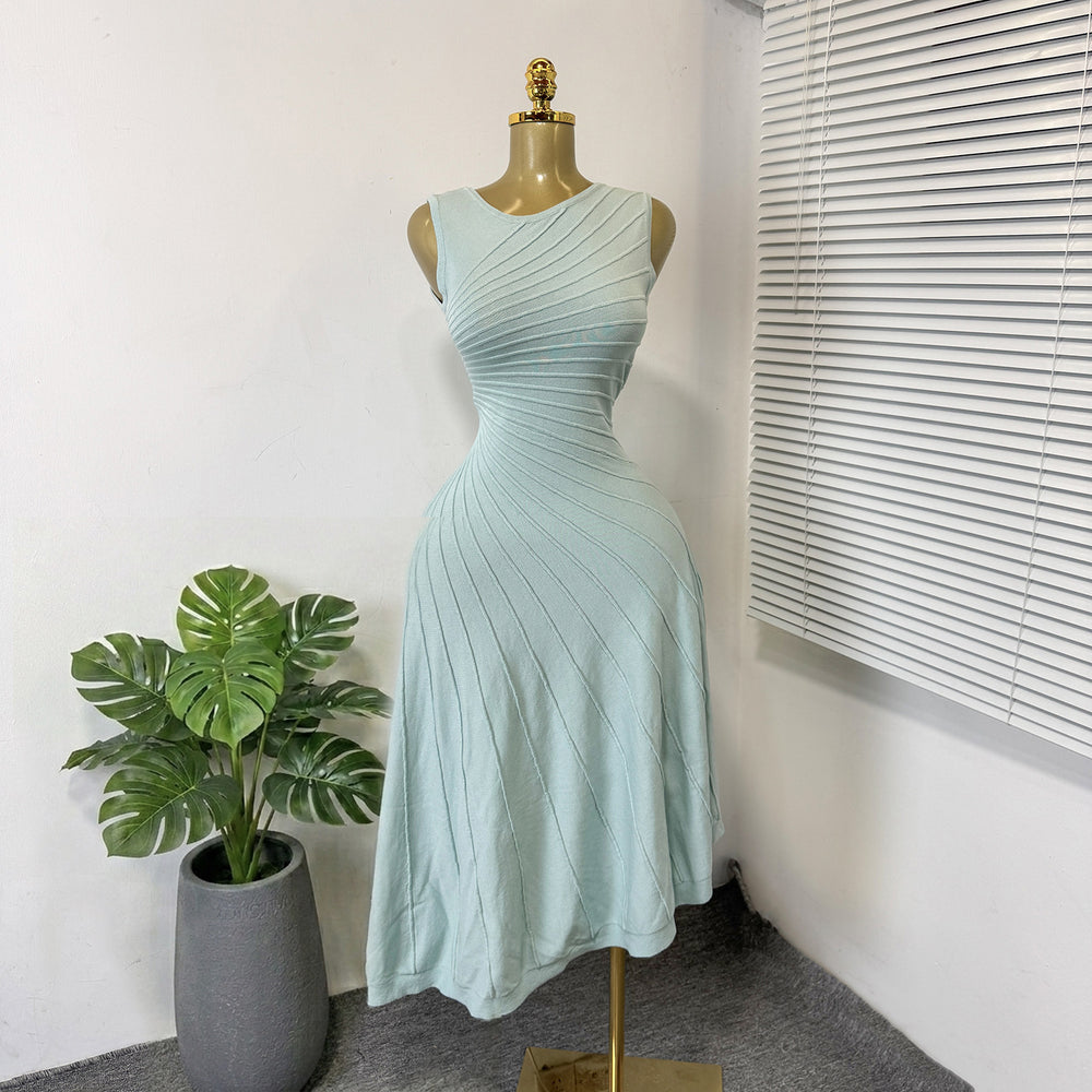 French sleeveless knittingdress women's water ripple hip cover long skirt summer slant neck ice silk asymmetrical a-line skirt