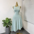 French sleeveless knittingdress women's water ripple hip cover long skirt summer slant neck ice silk asymmetrical a-line skirt