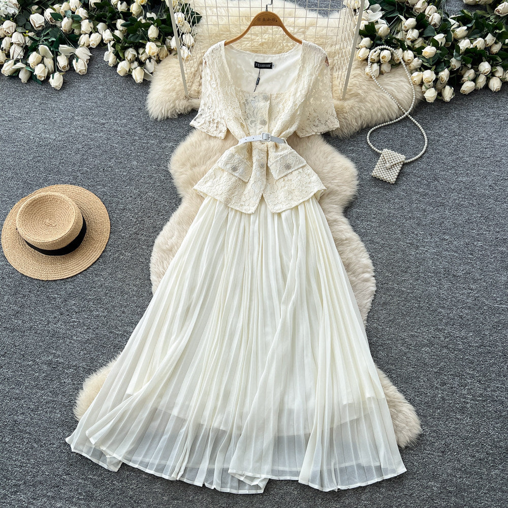 Xiaoxiangfeng pink socialite style lacedress female summerk-stylev neck waist pleated long skirt eleganceslimming look