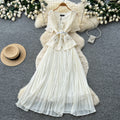 Xiaoxiangfeng pink socialite style lacedress female summerk-stylev neck waist pleated long skirt eleganceslimming look