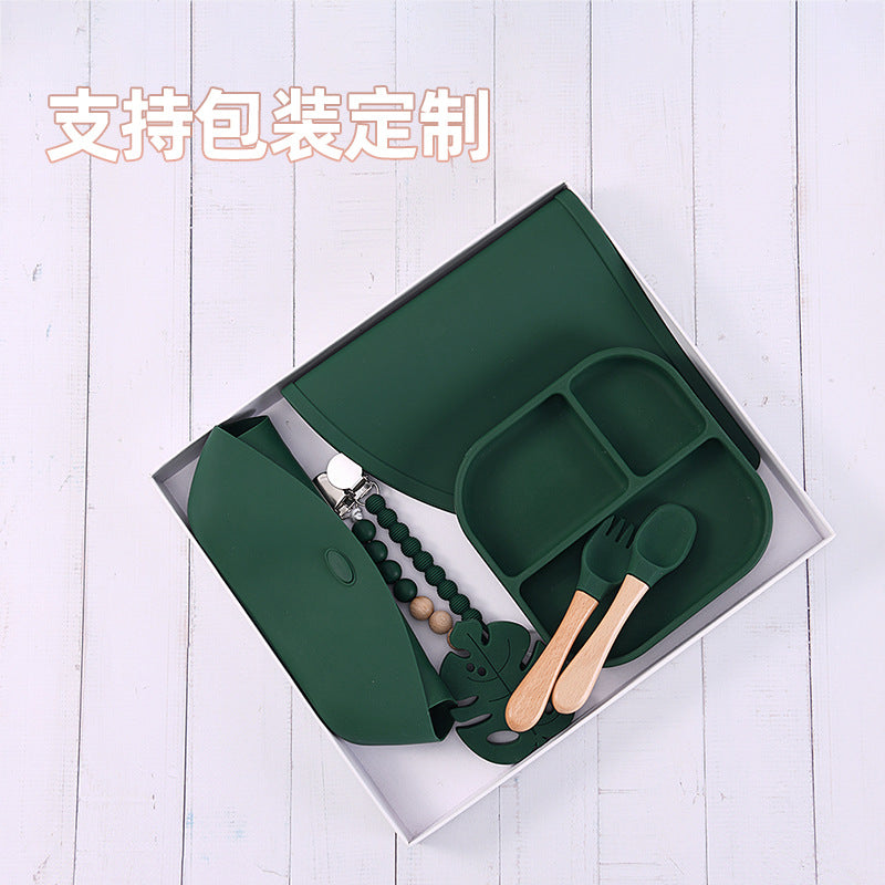 Children's silicone plate set 11-piece set, suction cup non-slip bowl and spoon set, baby food supplement integrated feeding tableware