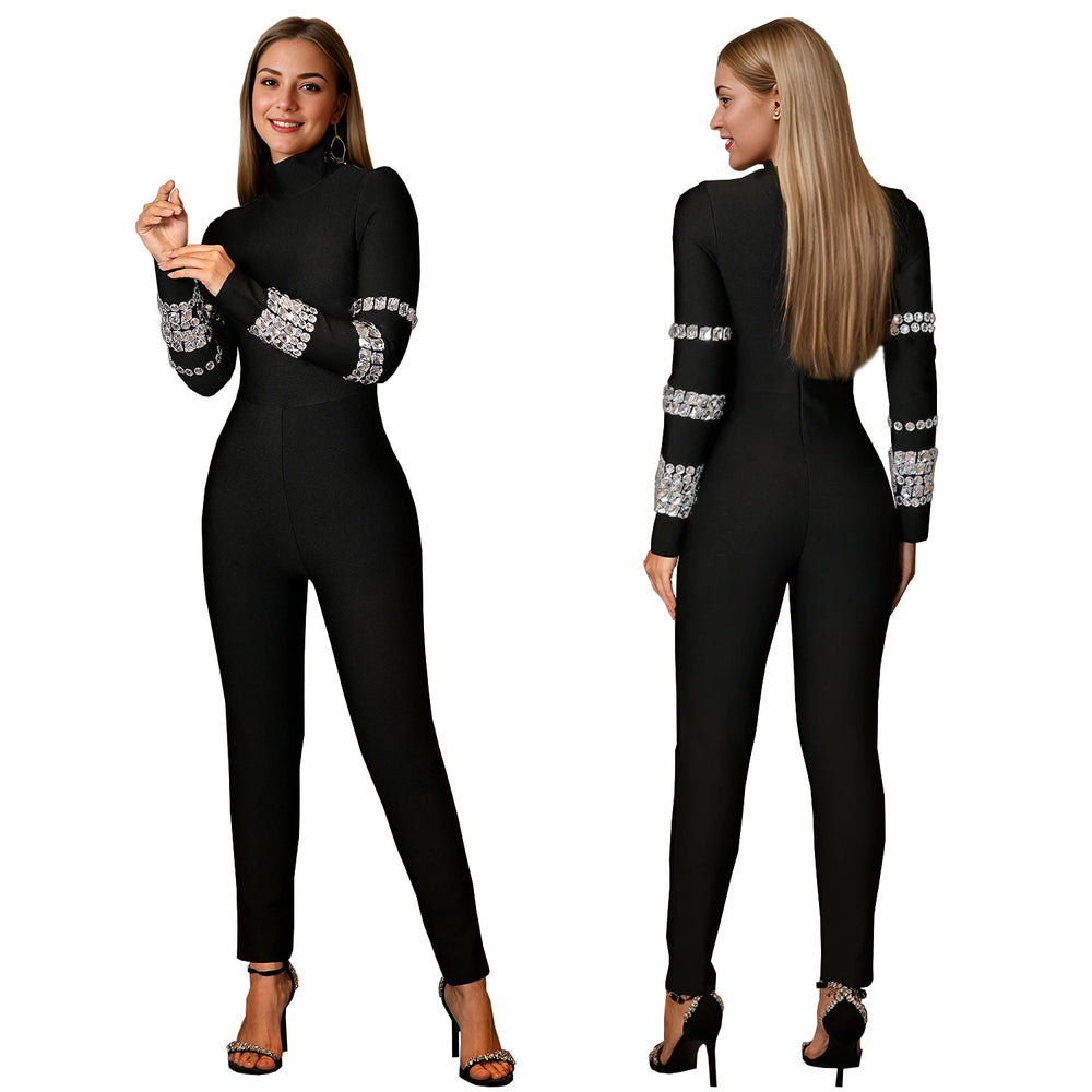 C7173 cross-border   fashion women's long-sleeve jumpsuit with high neck and elegant rhinestone embellishments