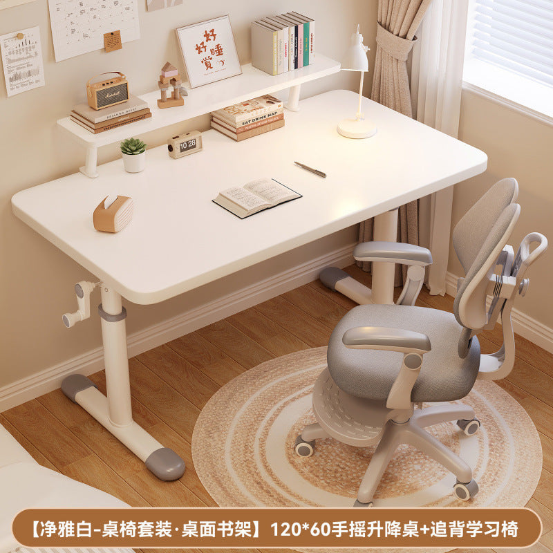 Hand-crank adjustable desk, thickened study table, bedroom study room complete computer desk set, adjustable wooden children's desk and chair set