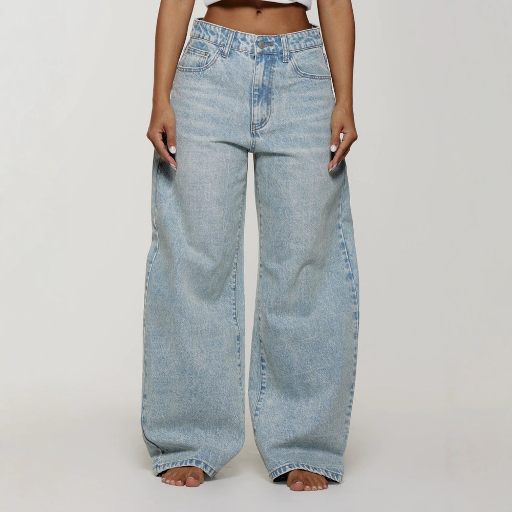 European and american style women's snow wash high-waisted wide leg jeans - relaxed fit straight leg denim pants