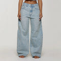 European and american style women's snow wash high-waisted wide leg jeans - relaxed fit straight leg denim pants