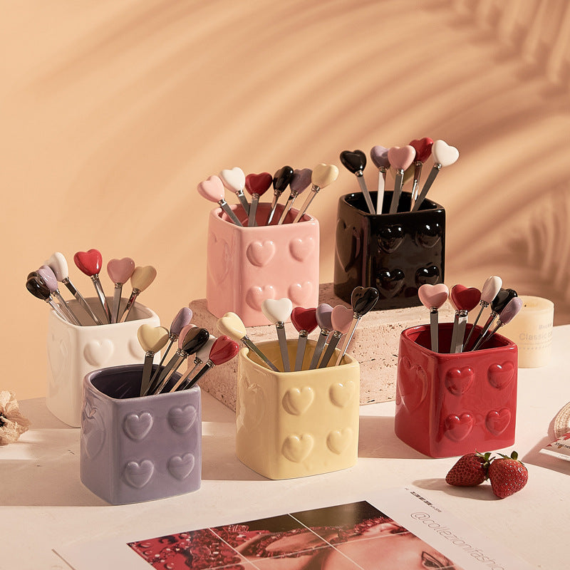 Heart-shaped ceramic fruit fork set - exquisite afternoon tea, hotel & restaurant decor, high-value fruit picks with storage jar - wholesale