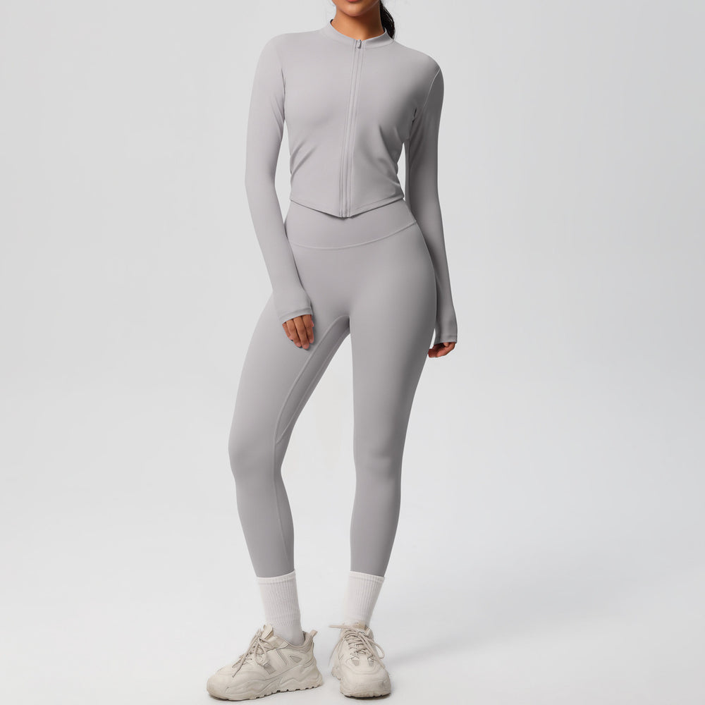 Ready-to-ship cross-border solid color double-sided brushed naked feel outerwear long sleeve set - compression running, fitness, and yoga two-piece outfit