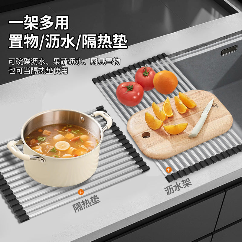 Stainless Steel Drain Rack Kitchen Shelf Roller Shutter Sink Drain Roller Shutter Folding Dishwasher Dish Storage Rack