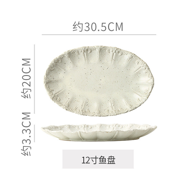 Embossed retro ceramic dinnerware set - french-inspired plates, high-end steak plates, dessert bowls, and rice bowls for home use