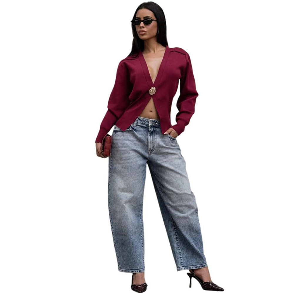 European and american style loose wool cardigan -  cross-border women's sexy deep v-neck metal button open front sweater