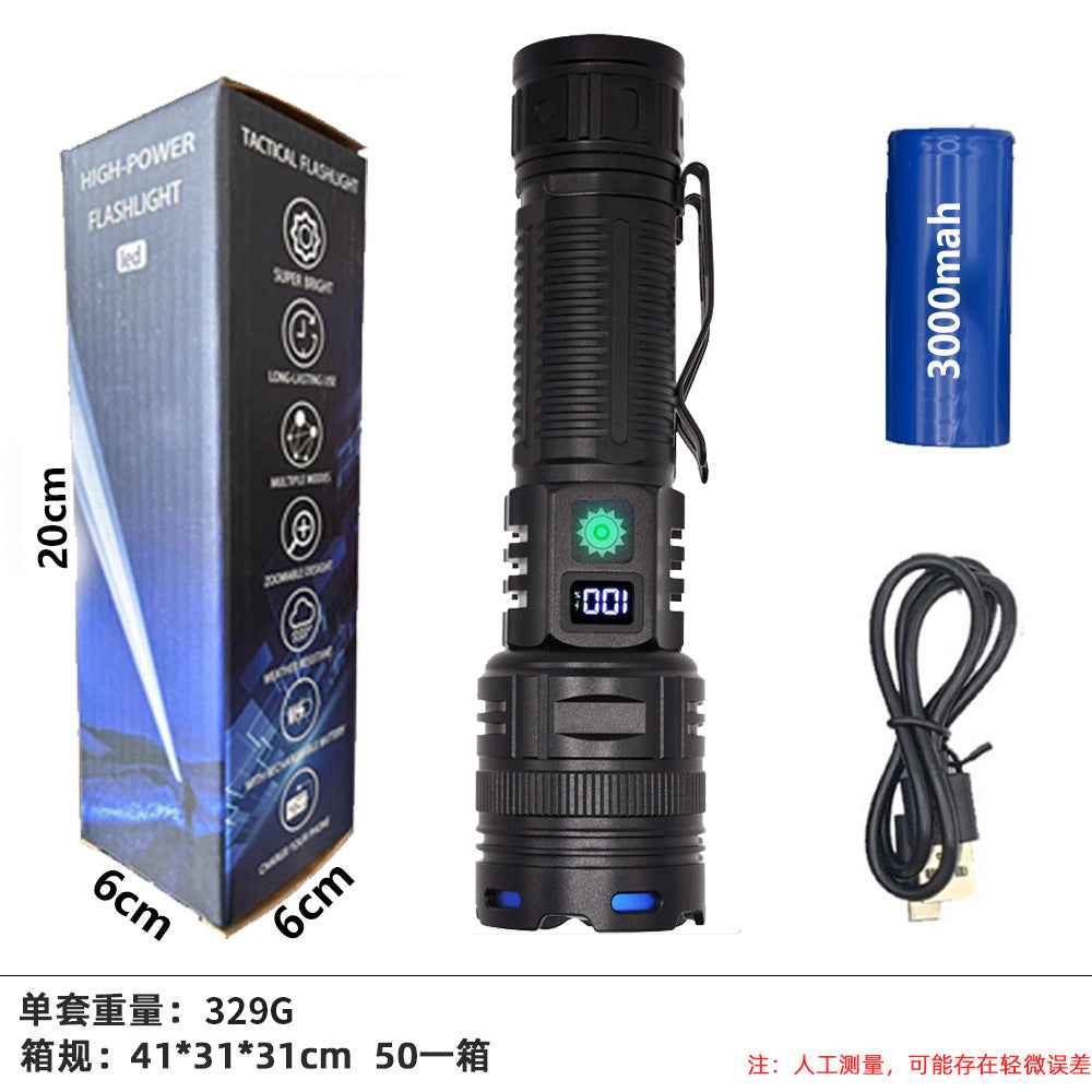 Cross-border new digital display charging strong light flashlight white laser LED outdoor lighting multi-function zoom charging flashlight