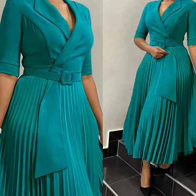 Q108  foreign trade women's new fashion ol blazer collar fashion tie waist pleated african dress
