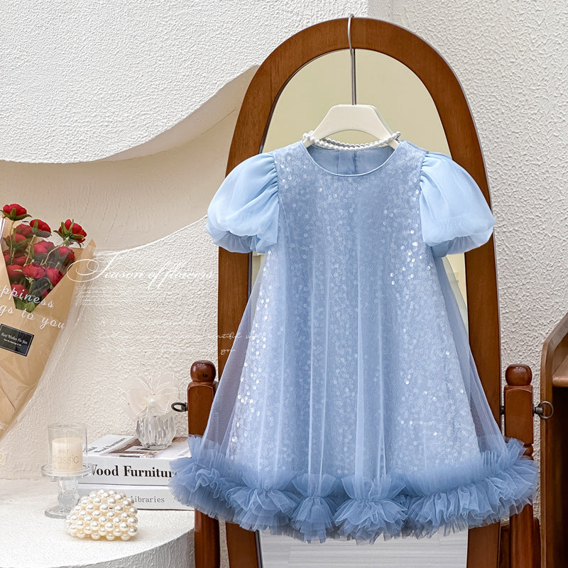 Girls' sleeveless sundress - new summer  collection: mesh "frozen" style dress with puff sleeves - perfect for parties and special occasions