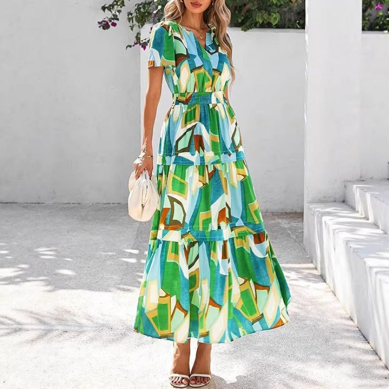 european and american retro floral short-sleeve v-neck dress - women's  summer new arrival a-line flowy vacation dress