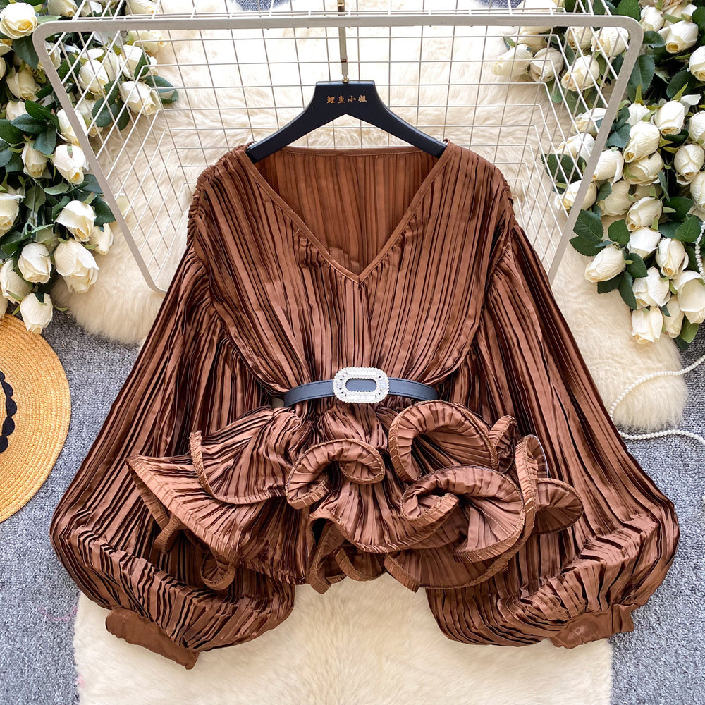 Accessible luxury socialitesatin pleated long sleevesshirt women's ruffles lantern sleeveselegantlooseniche stylesense of designtops