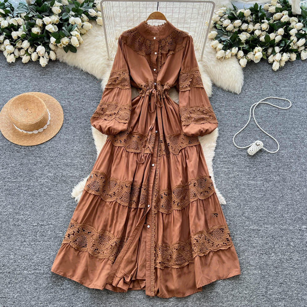 Frenchretrolacepatchworkcut outdress women's sweet strapslong sleeves waist tie backeleganceelegant long skirt