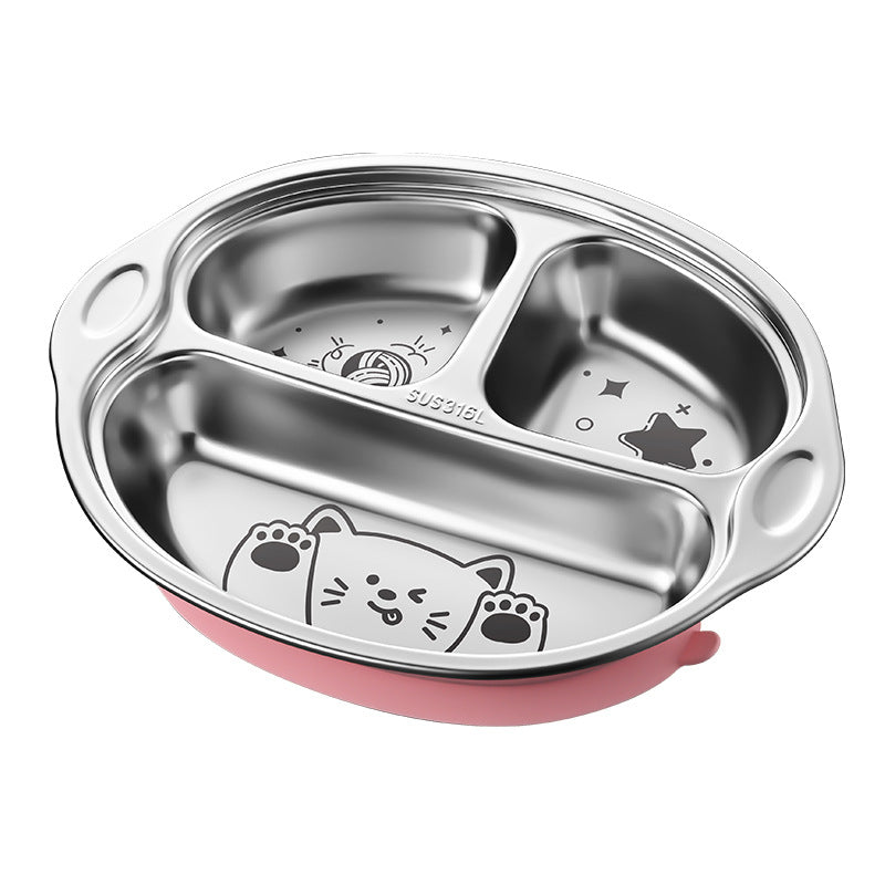 316L stainless steel children's grid dinner plate with non-slip silicone suction cup children's cute baby eating tableware lunch box