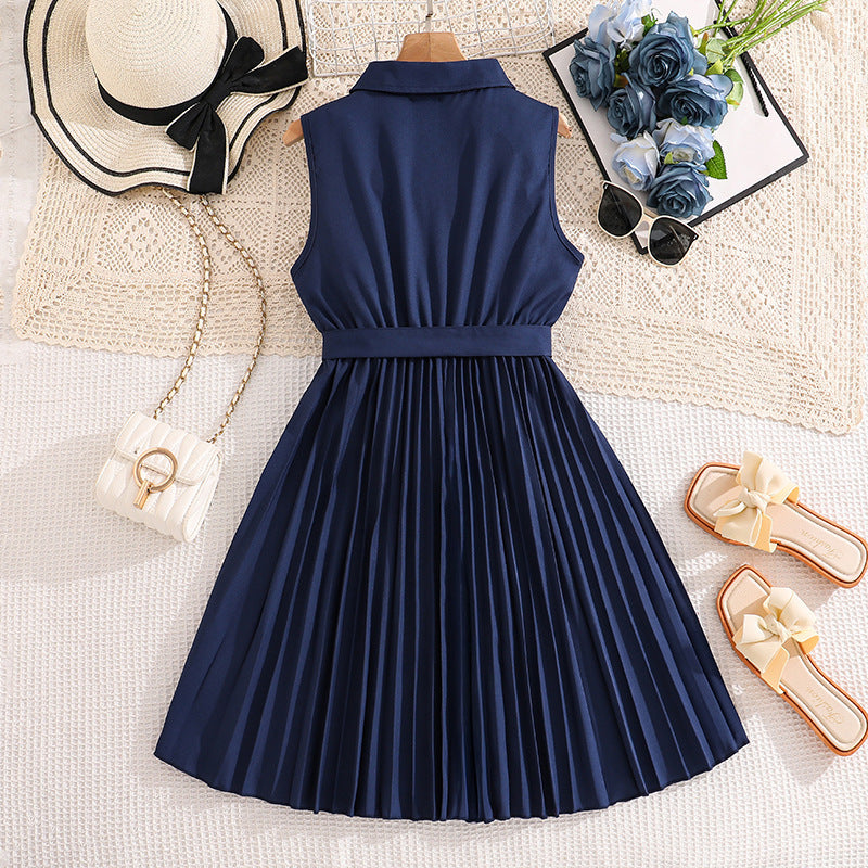 European and american style girls' dress -  spring/summer new collection - kids' elegant preppy sleeveless pleated tank dress with cinched waist