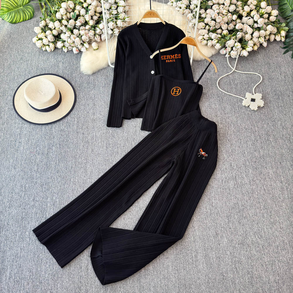 Autumn/winter minimalist embroidered v-neck long sleeve knit top with camisole + high-waisted slimming wide-leg pants three-piece set for women