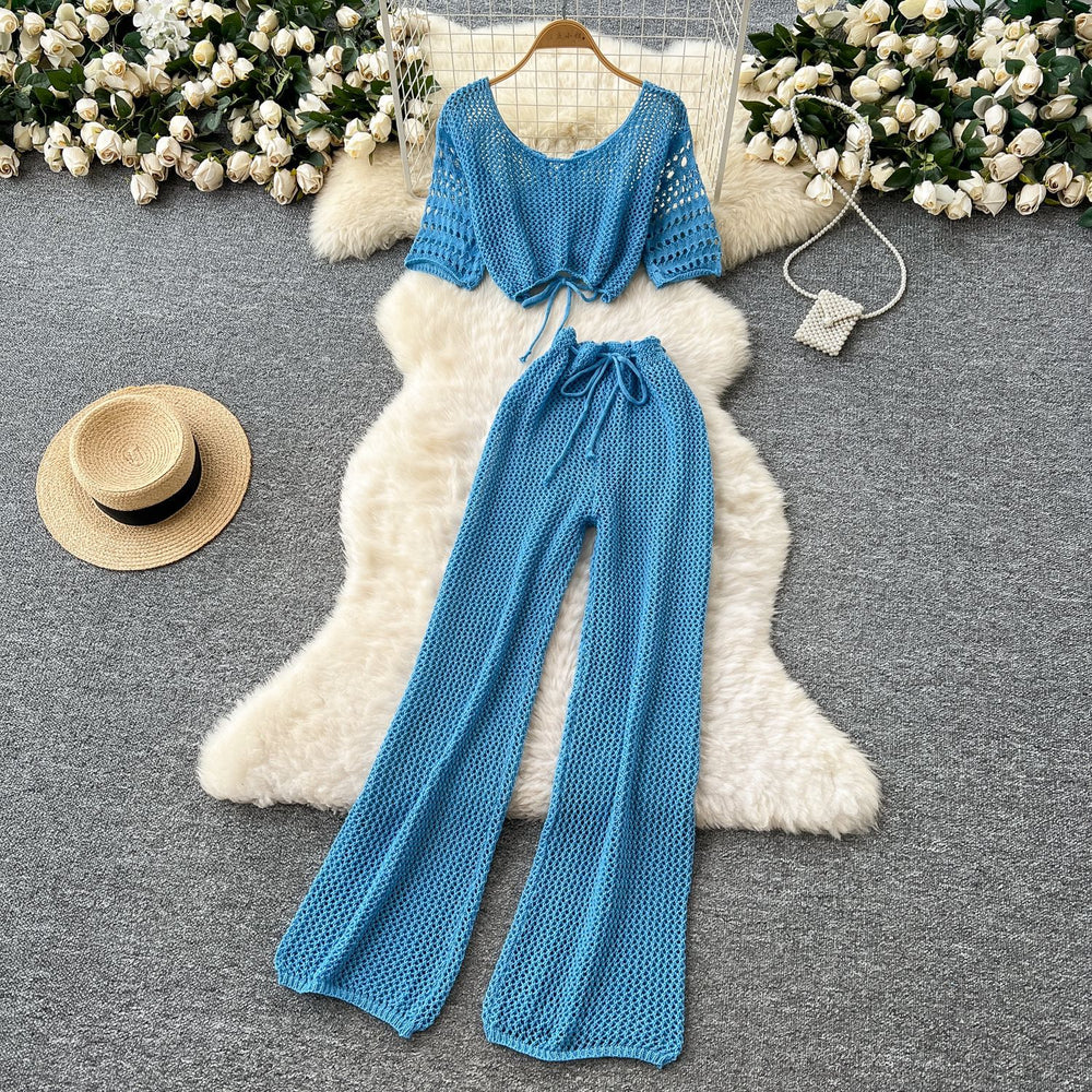 Korean style sweet & chic two-piece set: cutout & tie-strap knit top with high-waisted wide-leg pants