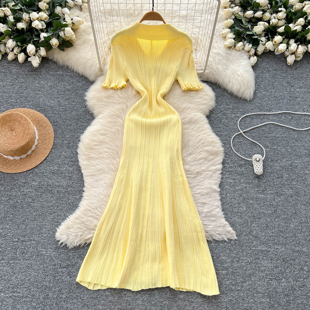 Korean style minimalist design turn-down collar knitted dress - women's summer slim fit, single-breasted, elegant long dress