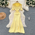 Korean style minimalist design turn-down collar knitted dress - women's summer slim fit, single-breasted, elegant long dress