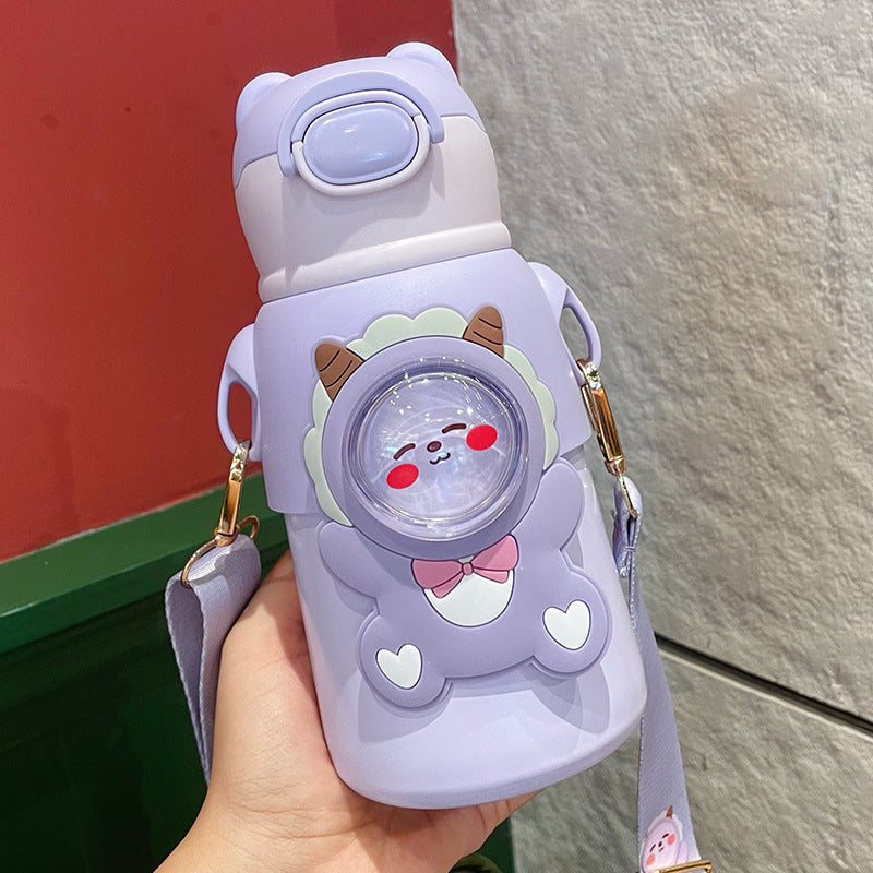 Cartoon cute double-drink kids' thermos cup - 316 stainless steel, food-grade, high-style, portable straw cup